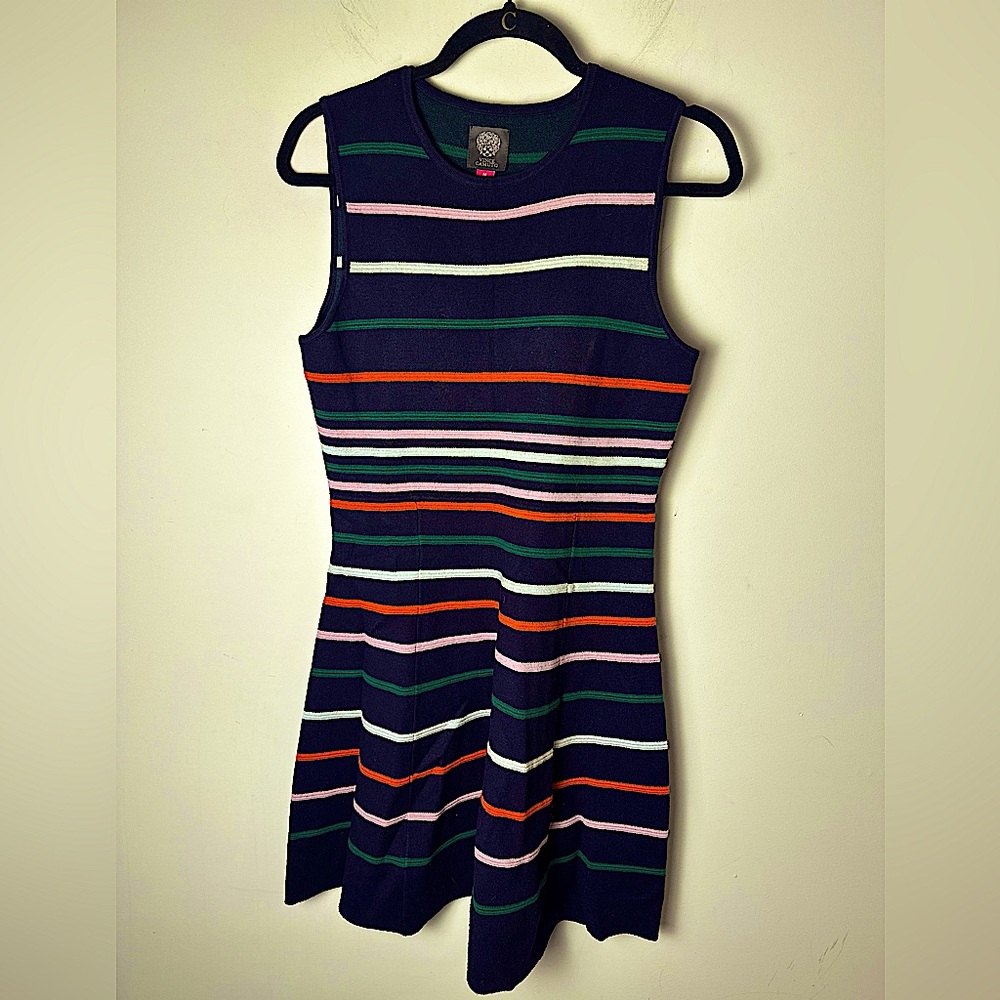 VINCE CAMUTO Women’s Navy Blue Multicolor Striped Sleeveless Dress Size Medium